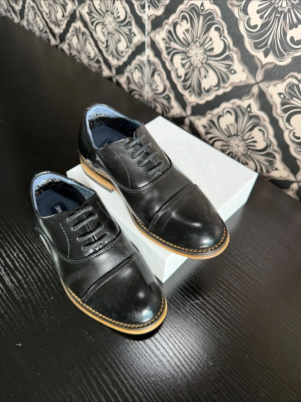Bruno Marc Boy’s Black Leather Cap-Toe Derby with Tan Welt